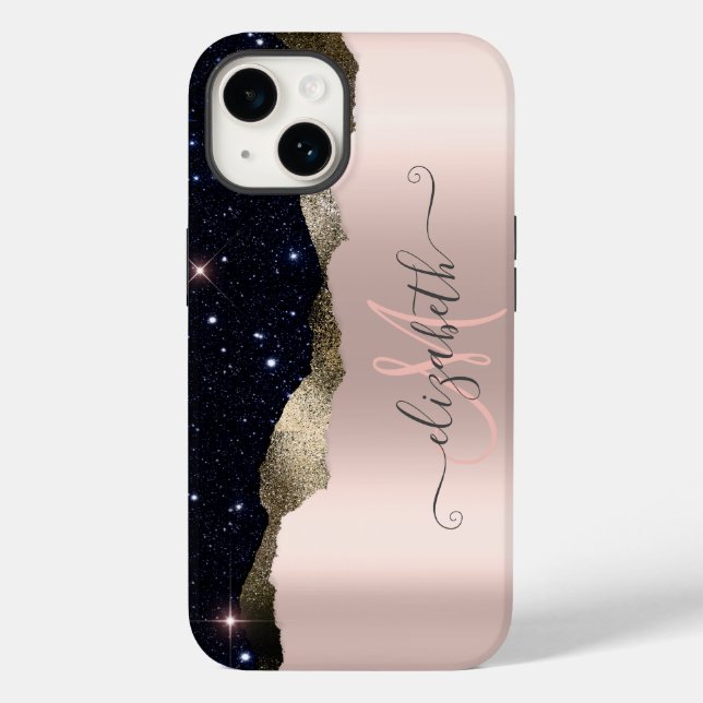 Modern Black Glitter Rose Gold Monogram  Case-Mate iPhone Case (Back)