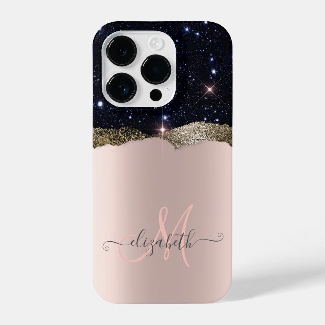 Modern Black Glitter Rose Gold Monogram   iPhone Case (Back)