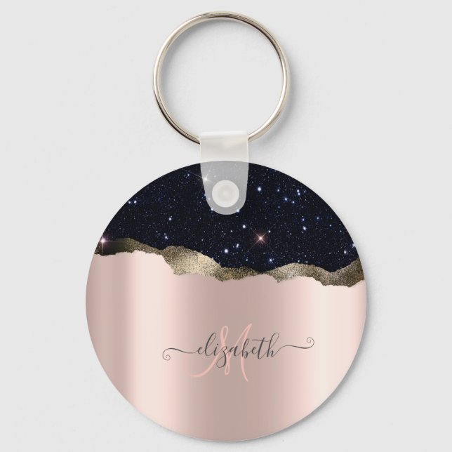 Modern Black Glitter Rose Gold Monogram Keychain (Front)