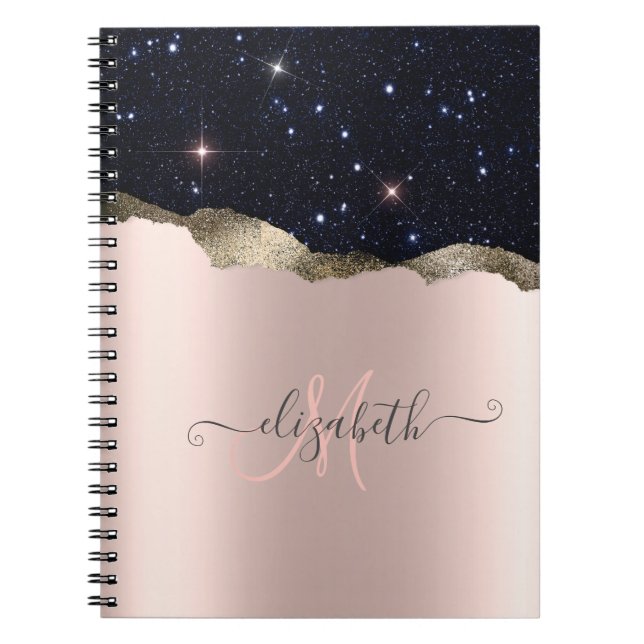 Modern Black Glitter Rose Gold Monogram Notebook (Front)