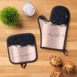 Modern Black Glitter Rose Gold Monogram  Oven Mitt & Pot Holder Set