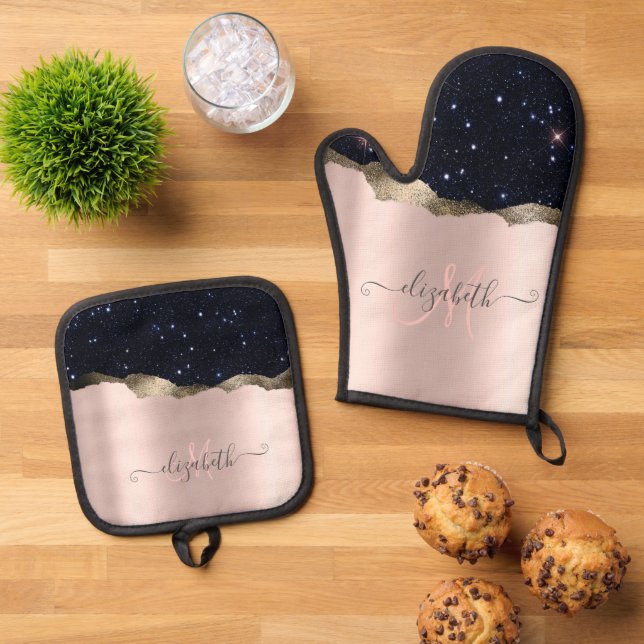Modern Black Glitter Rose Gold Monogram  Oven Mitt & Pot Holder Set (Top Down)