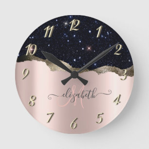 Modern Black Glitter Rose Gold Monogram Round Clock