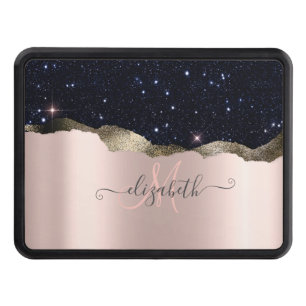 Modern Black Glitter Rose Gold Monogram   Trailer Hitch Cover