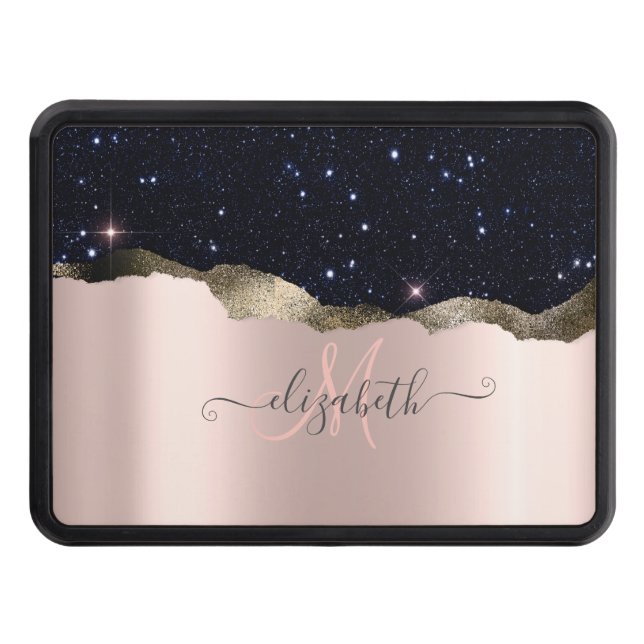 Modern Black Glitter Rose Gold Monogram   Trailer Hitch Cover (Front)