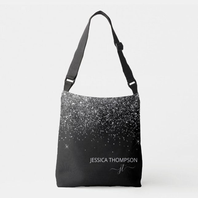 Modern Black Glitter Simple Script Monogram Name   Crossbody Bag (Front)