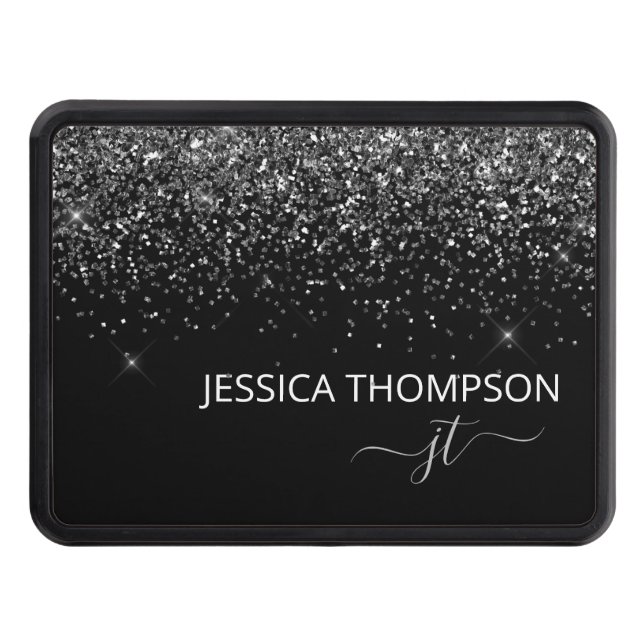 Modern Black Glitter Simple Script Monogram Name  Trailer Hitch Cover (Front)