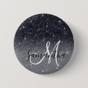 Modern Black Glitter Sparkles Personalized Name 2 Inch Round Button