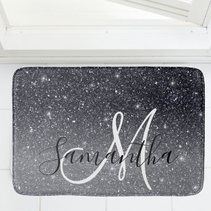 Modern Black Glitter Sparkles Personalized Name Bath Mat