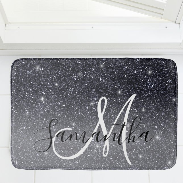 Modern Black Glitter Sparkles Personalized Name Bath Mat (Creator Uploaded)