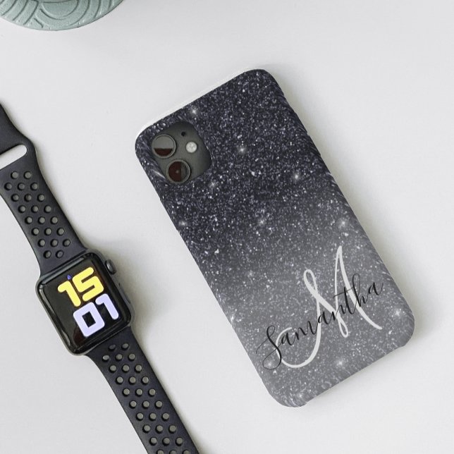 Modern Black Glitter Sparkles Personalized Name Case-Mate iPhone Case (Creator Uploaded)