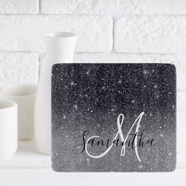 Modern Black Glitter Sparkles Personalized Name Cutting Board (Creator Uploaded)