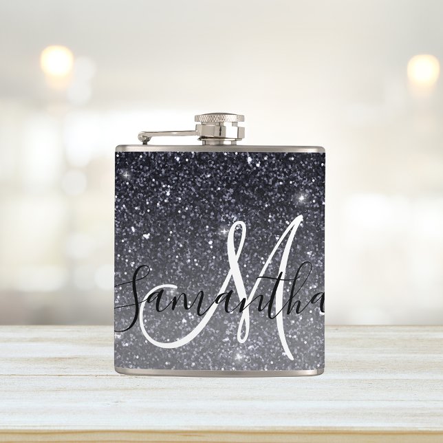 Modern Black Glitter Sparkles Personalized Name Hip Flask (Creator Uploaded)