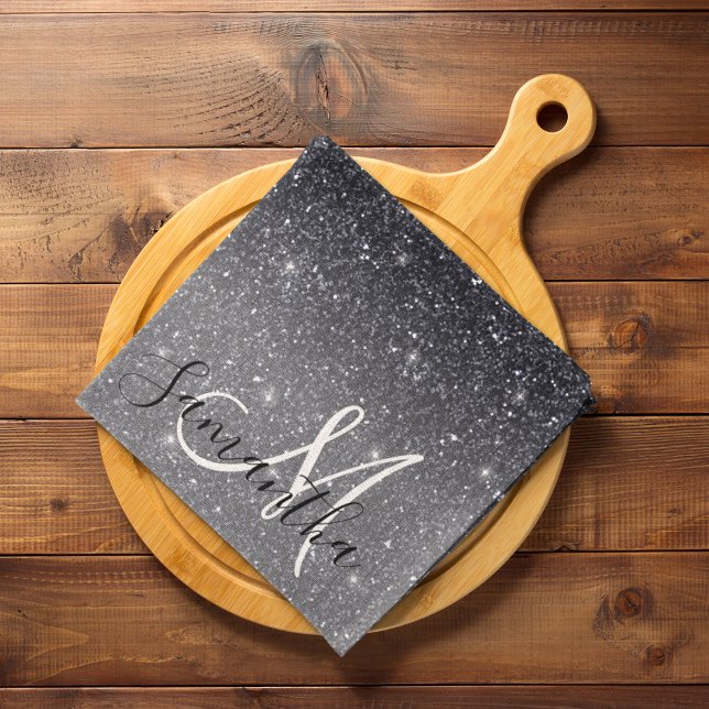 Modern Black Glitter Sparkles Personalized Name Kitchen Towel (Creator Uploaded)