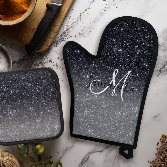 Modern Black Glitter Sparkles Personalized Name Oven Mitt & Pot Holder Set (Creator Uploaded)