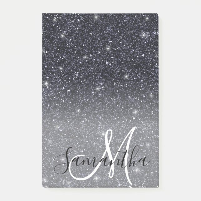 Modern Black Glitter Sparkles Personalized Name Post-it Notes (Front)