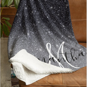 Modern Black Glitter Sparkles Personalized Name Sherpa Blanket