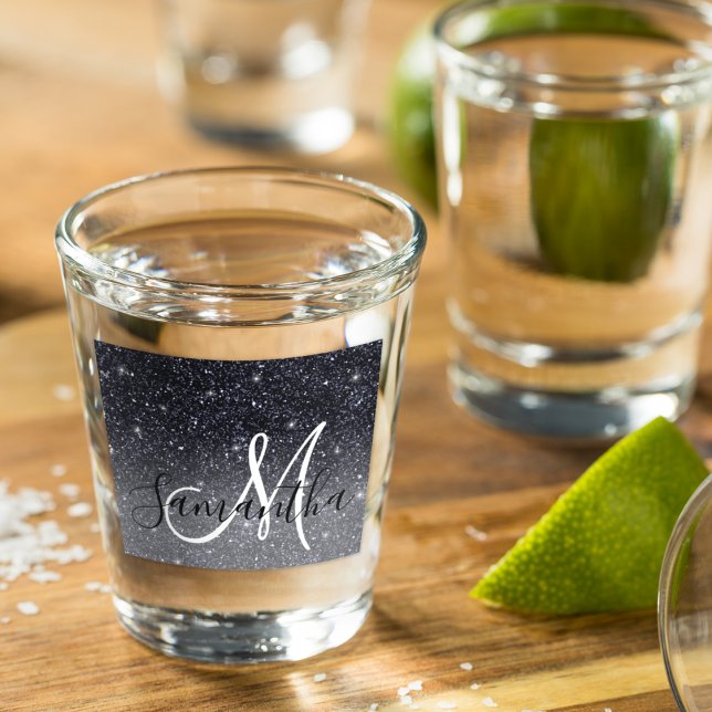 Modern Black Glitter Sparkles Personalized Name Shot Glass (Creator Uploaded)