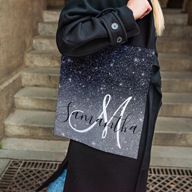 Modern Black Glitter Sparkles Personalized Name Tote Bag (Creator Uploaded)