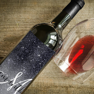 Modern Black Glitter Sparkles Personalized Name Wine Label