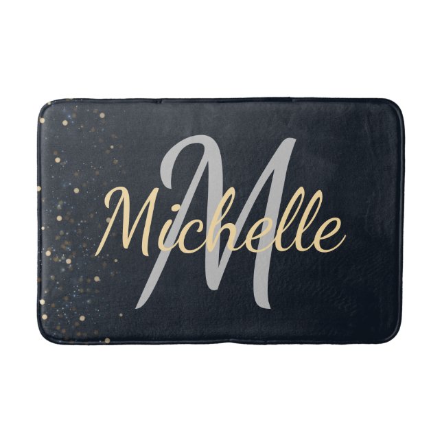 Modern Black glitter Typography & Name Monogram Bath Mat (Front)