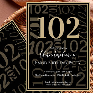 Modern Black Gold 102nd Birthday Invitation 