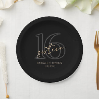 Modern Black Gold 16th Birthday Party Paper Plates