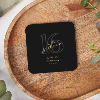Modern Black Gold 16th Birthday Party  Square Paper Coaster