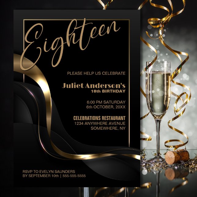 Modern Black Gold 18th Birthday Party Invitation (Creator Uploaded)
