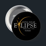 Modern Black & Gold 2024 Texas Total Solar Eclipse 3 Inch Round Button<br><div class="desc">Introducing our Modern Black & Gold 2024 Texas Total Solar Eclipse Custom T-Shirt, a stylish and commemorative piece for this rare celestial event. this shirt captures the elegance and excitement of the total solar eclipse. With the year 2024 boldly displayed, along with the location of Texas, it serves as a...</div>