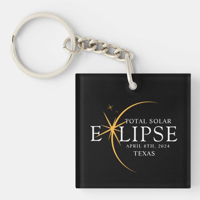 Modern Black & Gold 2024 Texas Total Solar Eclipse Keychain (Front)