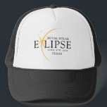 Modern Black & Gold 2024 Texas Total Solar Eclipse Trucker Hat<br><div class="desc">Introducing our Modern Black & Gold 2024 Texas Total Solar Eclipse Custom T-Shirt, a stylish and commemorative piece for this rare celestial event. this shirt captures the elegance and excitement of the total solar eclipse. With the year 2024 boldly displayed, along with the location of Texas, it serves as a...</div>