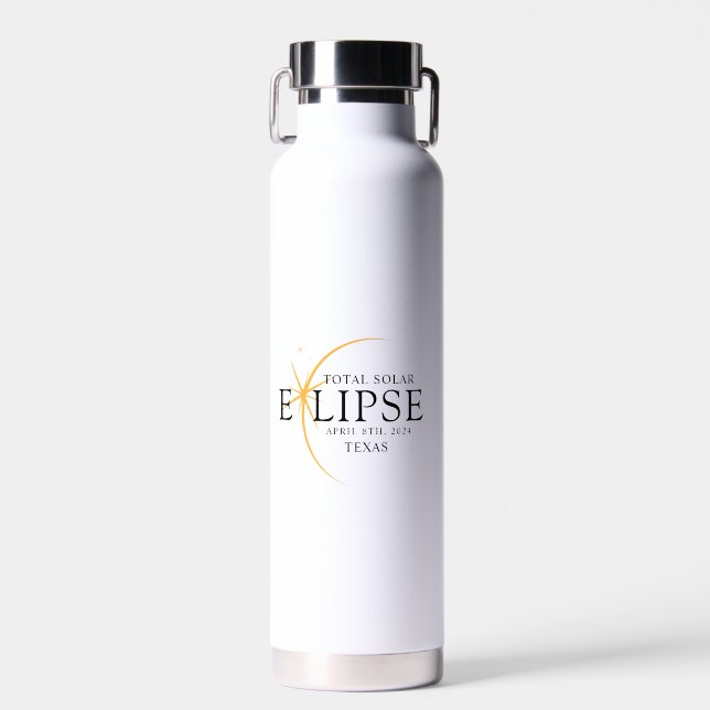 Modern Black & Gold 2024 Texas Total Solar Eclipse Water Bottle (Front)