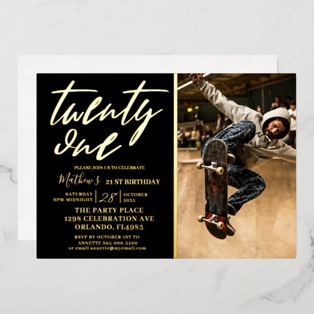 Modern Black & Gold 21'st Birthday Invitation (Front/Back)