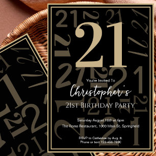 Modern Black Gold 21st Birthday Invitation For Him