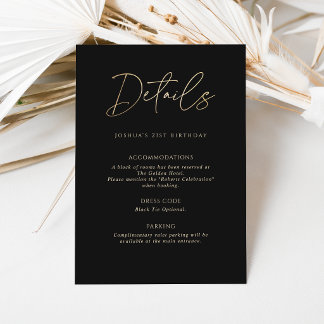 Modern Black Gold 21st Birthday Party Details Card