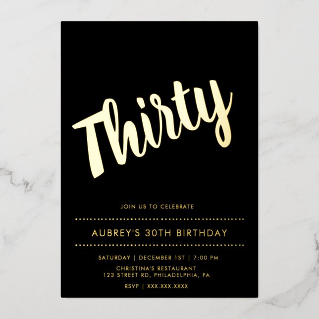 Modern Black Gold 30th Birthday Foil Invitation (Front)