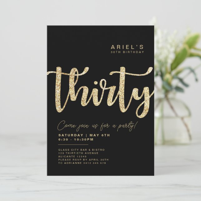 Modern Black & Gold 30th Birthday Invitation (Standing Front)