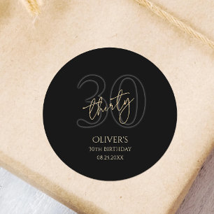 Modern Black Gold 30th Birthday Party Classic Round Sticker