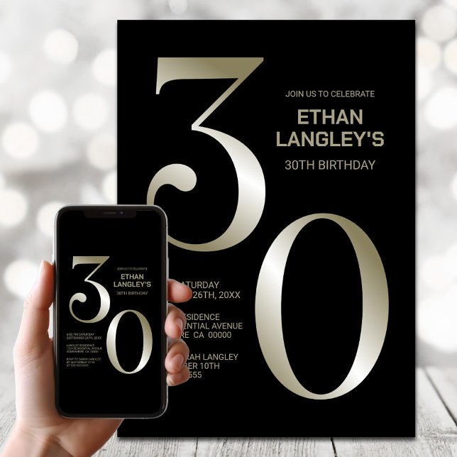 Modern Black Gold 30th Birthday Party Invitation (Creator Uploaded)