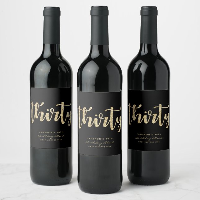 Modern Black & Gold 30th Birthday Personalized Wine Label (Bottles)