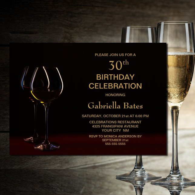 Modern Black Gold 30th Birthday Wine Glass Party Invitation (Creator Uploaded)