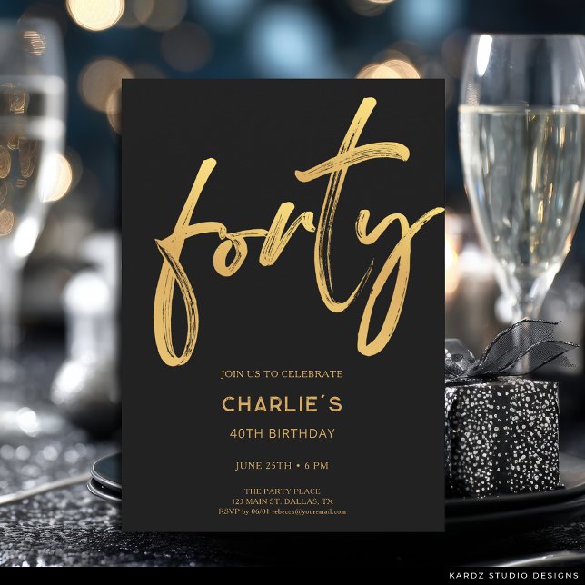 Modern Black & Gold 40th Birthday Invitation (The front of the invitation is shown at 5x7-inch size. Choose size, paper, + corner style.)