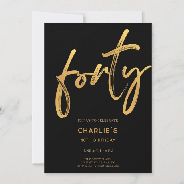 Modern Black & Gold 40th Birthday Invitation (Devant)