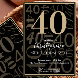 Modern Black Gold 40th Birthday Invitation For Him