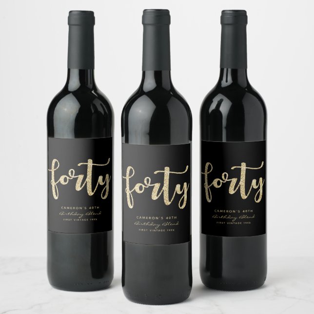 Modern Black & Gold 40th Birthday Personalized Wine Label (Bottles)