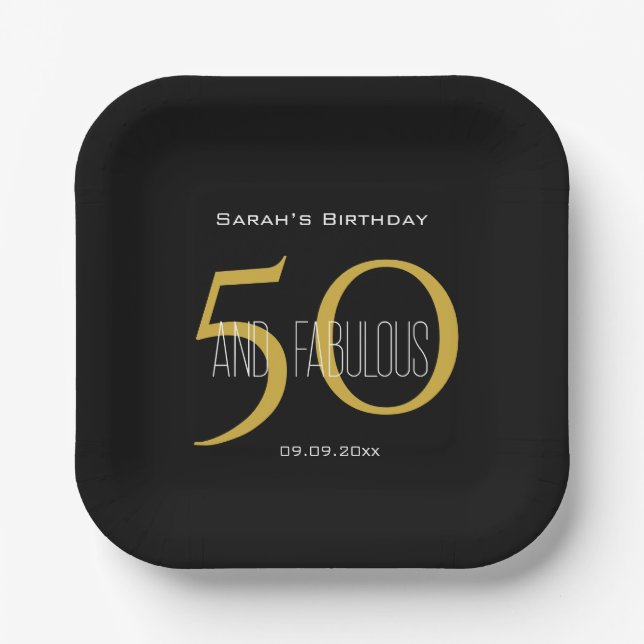 Modern Black & Gold 50 & Fabulous Birthday Party Paper Plate (Front)