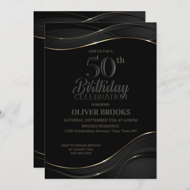 Modern Black Gold 50th Birthday Party Invitation (Front/Back)