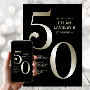 Modern Black Gold 50th Birthday Party Invitation