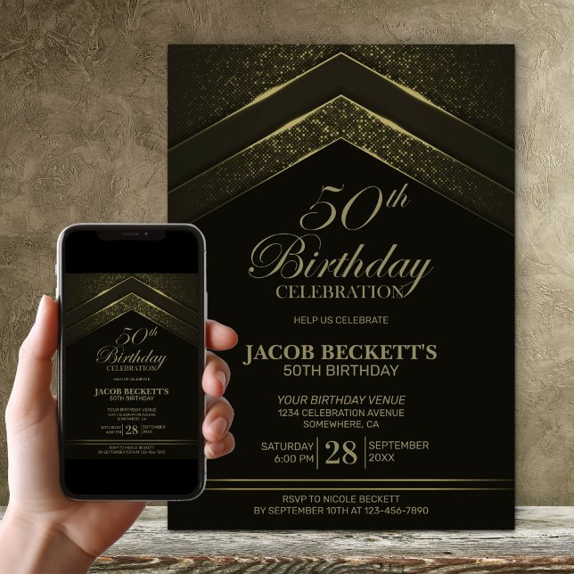 Modern Black Gold 50th Birthday Party Invitation (Creator Uploaded)